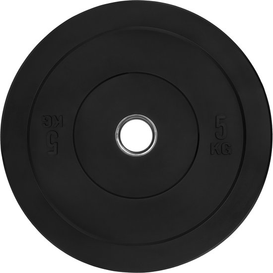 RYZOR Halterschijf van 5 kg - Gewichtschijven - Bumper plates - Bankdrukken - Halters – Halterschijf 5 kg - Gewichten voor halterstangen - Geschikt voor Olympische halterstang met diameter 50 mm - Rubber - Zwart