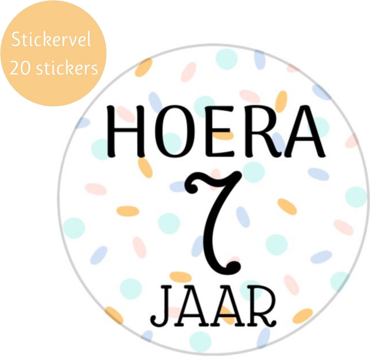 Traktatiestickers Hoera 7 Jaar - Stickervel - Cadeausticker - Wensetiket - Rond 40 mm - Sluitsticker - 20 stuks - Wit Pastel Groen Geel Roze Groen Blauw Paars Confetti - Sticker 7e Verjaardag - Kinder Traktatie - Basisschool Kinderfeestje Feest — afbeelding 3