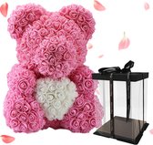 Rozenbeer Roze met Wit Hart + Luxury Giftbox 30 cm - Rozen beer Valentijn teddybeer rose bear cadeau gift box geliefde vriendin | knuffel roos beertje Valentijnsdag kado knuffelbeer hartje i 