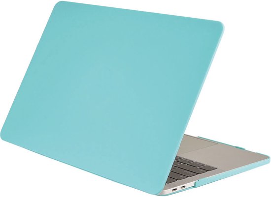 Couverture MacBook 12" turquoise ouverte, avec vue sur le clavier et les côtés.