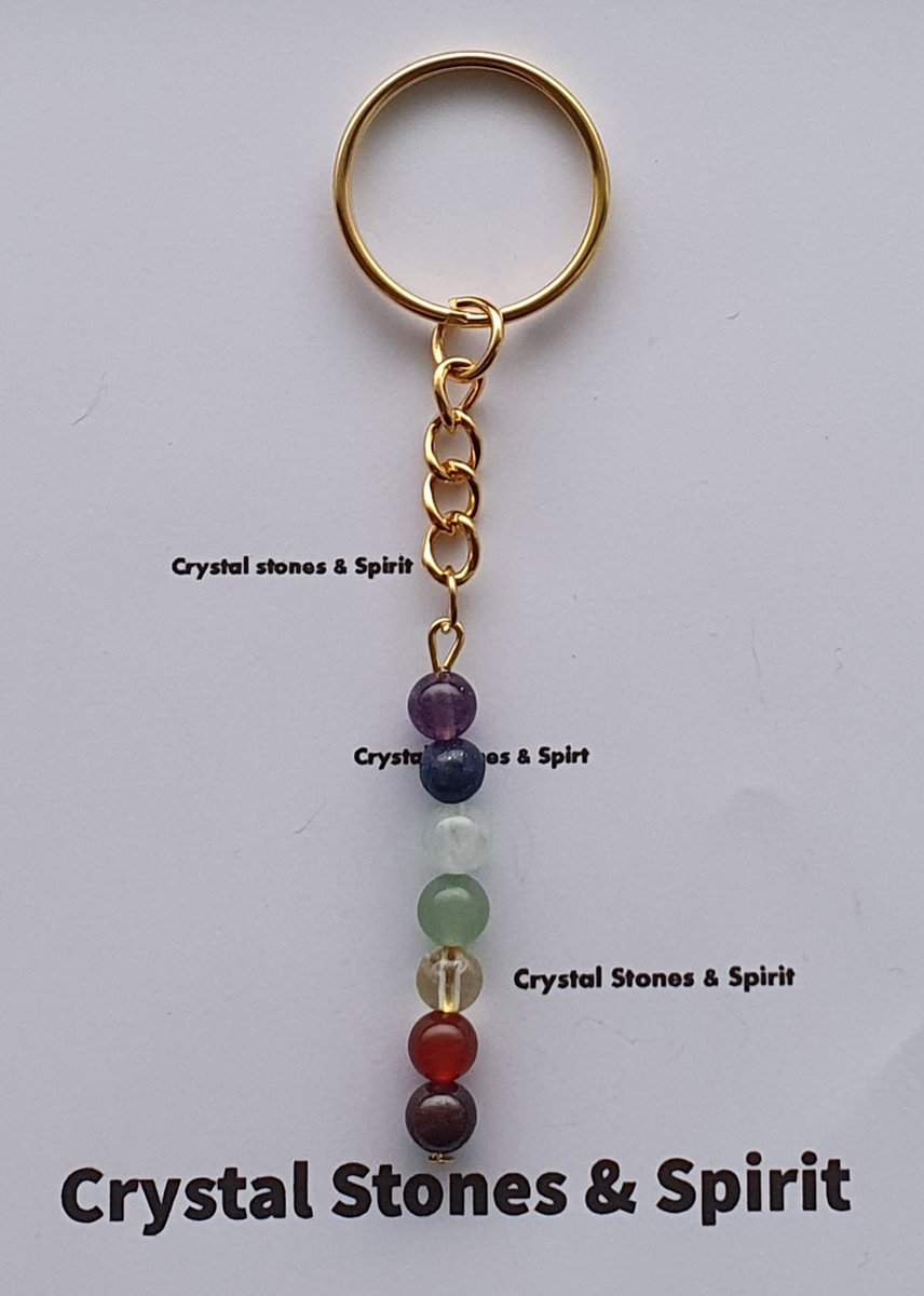 mineraalsteen Sleutelhanger "De Zeven Chakra's" goudkleurig rood, geel , groen,blauw, paars