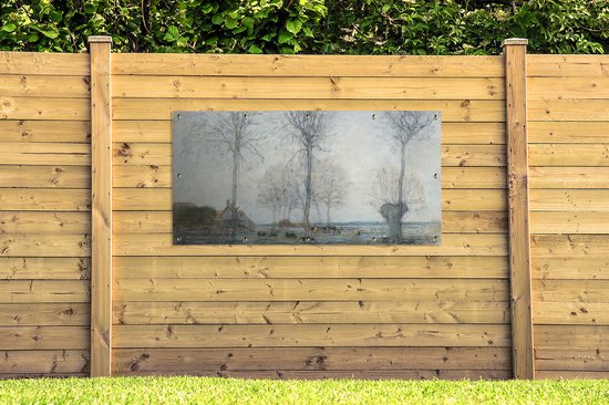 Affiche de clôture Ferme avec trois grands arbres au premier plan - Piet Mondrian - 200x100 cm - Toile jardin
