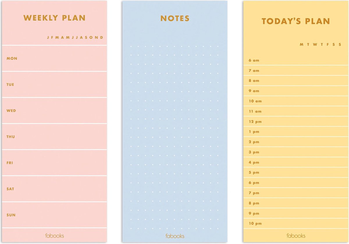 Fabooks - Minimale set van 3 blocnotes - dagelijks plan, weekplan - notities - bureauplanner - schrijfblok - weekplanner - dagelijkse planner