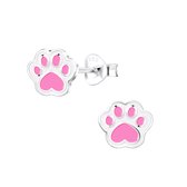 Joy|S - Zilveren kat hond dierenpoot oorbellen - poot afdruk - roze wit - 7 x 6 mm