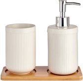 Set d'accessoires de salle de bain 3 pièces en céramique rayée blanche - Distributeur de savon - Tasse - Plateau