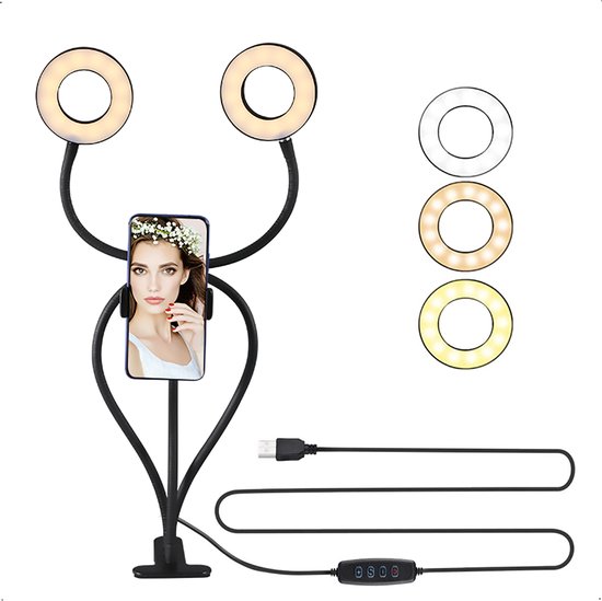 LED Ringlamp met Statief Smartphone - Dubbele Ring Lamp - USB - BureauLamp LED Dimbaar - Met TafelKlem - Ringlight - 3 Licht niveaus - URGOODS