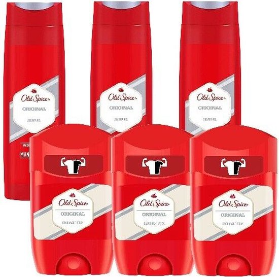 Drie rode Old Spice douchegel flessen en drie rode Old Spice deo sticks.