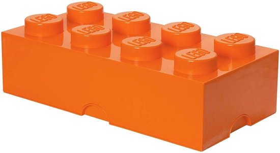 Boîte de rangement LEGO orange en forme de brique 8 tenons, avec couvercle.