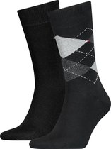 Tommy Hilfiger Check Socks (2-pack) - herensokken katoen - geruit en uni - zwart - Maat: 47-49