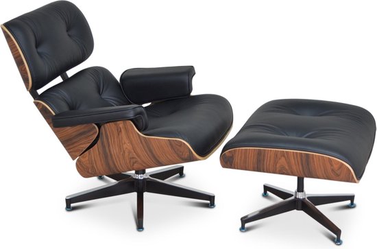Lounge Chair XL+ Hocker - Fauteuil - Relaxfauteuil - Stoel - PREMIUM - Italiaans Leder - Zwart - Palissander