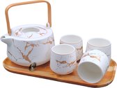 LiTuGoods® Japanse stijl theeset, vaatwasbestendig wit goud keramiek,Theepot 1200ml met theefilter, 4 kopjes 220ml, onderlegger in hardhout