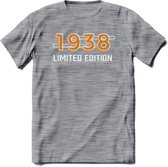 1938 Limited Edition T-Shirt | Goud - Zilver | Grappig Verjaardag en Feest Cadeau Shirt | Dames - Heren - Unisex | Tshirt Kleding Kado | - Donker Grijs - Gemaleerd - M