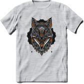 Vos - Dieren Mandala T-Shirt | Oranje | Grappig Verjaardag Zentangle Dierenkop Cadeau Shirt | Dames - Heren - Unisex | Wildlife Tshirt Kleding Kado | - Licht Grijs - Gemaleerd - XL