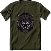 Tijger - Dieren Mandala T-Shirt | Roze | Grappig Verjaardag Zentangle Dierenkop Cadeau Shirt | Dames - Heren - Unisex | Wildlife Tshirt Kleding Kado | - Leger Groen - XL