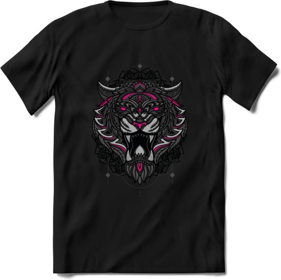 Tijger - Dieren Mandala T-Shirt | Roze | Grappig Verjaardag Zentangle Dierenkop Cadeau Shirt | Dames - Heren - Unisex | Wildlife Tshirt Kleding Kado | - Zwart - M