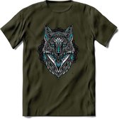 Vos - Dieren Mandala T-Shirt | Lichtblauw | Grappig Verjaardag Zentangle Dierenkop Cadeau Shirt | Dames - Heren - Unisex | Wildlife Tshirt Kleding Kado | - Leger Groen - L