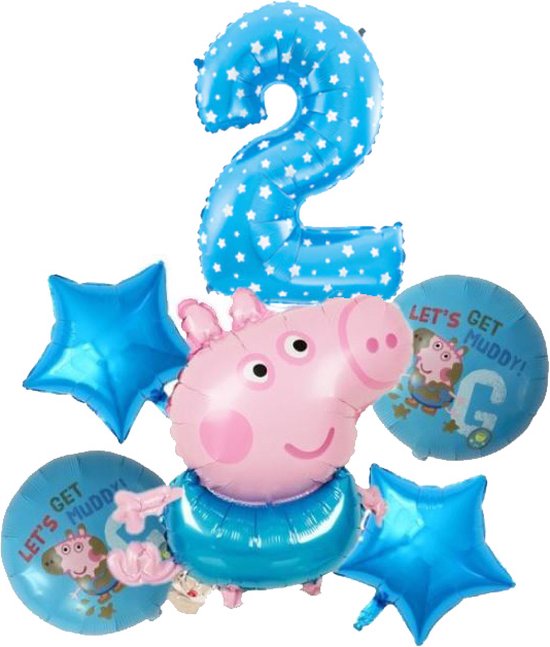 Peppa Pig - Big - George folie ballonnen - set van 6  - blauwe ballonnen - 81 cm groot getal ballon - 2 jaar