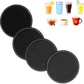 Leren Onderzetters voor glazen- Onderleggers-  Coaster set (4) - inclusief houder 10cm Rond- Zwart