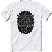 Wolf - Dieren Mandala T-Shirt | Lichtblauw | Grappig Verjaardag Zentangle Dierenkop Cadeau Shirt | Dames - Heren - Unisex | Wildlife Tshirt Kleding Kado | - Wit - L