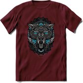 Wolf - Dieren Mandala T-Shirt | Lichtblauw | Grappig Verjaardag Zentangle Dierenkop Cadeau Shirt | Dames - Heren - Unisex | Wildlife Tshirt Kleding Kado | - Burgundy - M