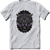 Wolf - Dieren Mandala T-Shirt | Paars | Grappig Verjaardag Zentangle Dierenkop Cadeau Shirt | Dames - Heren - Unisex | Wildlife Tshirt Kleding Kado | - Licht Grijs - Gemaleerd - XL