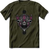 Bizon - Dieren Mandala T-Shirt | Roze | Grappig Verjaardag Zentangle Dierenkop Cadeau Shirt | Dames - Heren - Unisex | Wildlife Tshirt Kleding Kado | - Leger Groen - XXL