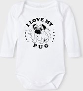 Baby Rompertje met tekst 'Pug' |Lange mouw l | wit zwart | maat 50/56 | cadeau | Kraamcadeau | Kraamkado