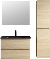 Badkamermeubel 80 cm Beige eiken mineraalmarmer mat zwart wastafel 1 kraangat Hanga