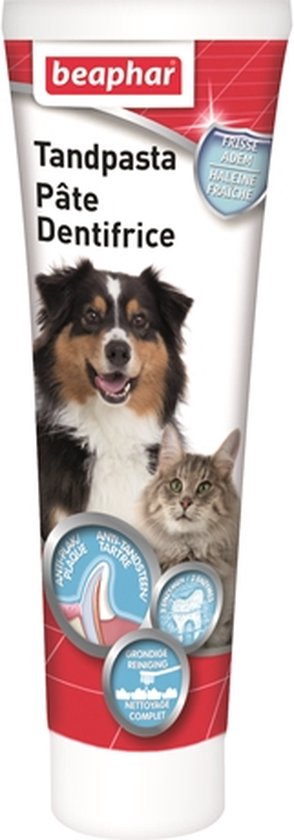Beaphar Tandpasta Pâte Dentifrice tube met vrolijke hond en kat. Frisse adem, grondige reiniging, anti-tandplak.