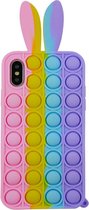 Peachy Bunny Pop Fidget Bubble siliconen hoesje voor iPhone XS Max - roze, geel, blauw en paars