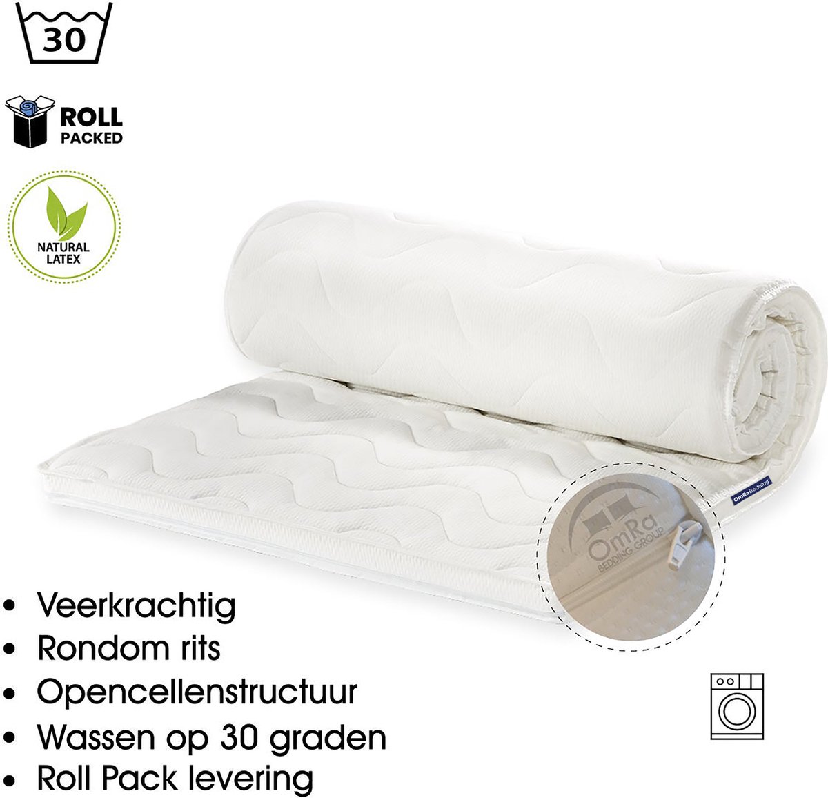 Omra - Topdek matras - 80% natuur latex - Roll pack - 180x200x7 cm