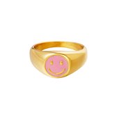 Roestvrijstalen smileyringen kleurrijk - Yehwang - Ring - Maat 18 - Goud/Roze
