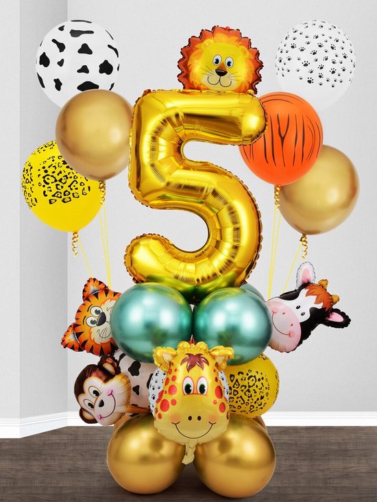 26 stuks ballonen incl. tape set - 5 jaar - verjaardag - kinderfeestje - feestje - ballonen - dieren aap - leeuw - giraffe - koe - natuur - decoratie