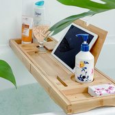 Uitschuifbaar houten dienblad badrek | Verstelbaar badblad, badkuiprek, antislip, badrek, premium badrek, badplank, badrek.