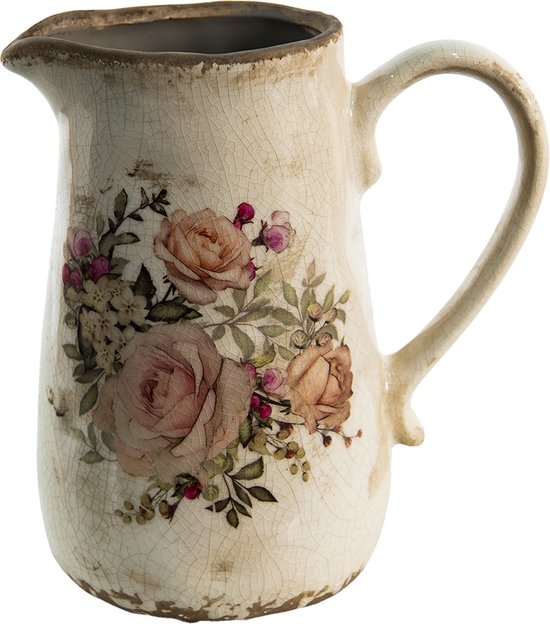 Clayre & Eef Pichet Décoratif 1500 ml Pichet à Eau Fleurs en Céramique Rose, Beige