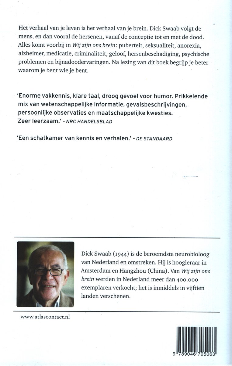 Achterflap van het boek 'Wij zijn ons brein' met een portret van Dick Swaab en een beschrijving van de auteur en het boek.