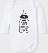 Baby Rompertje met tekst 'Keep calm and give me milk' | Lange mouw l | wit zwart | maat 62/68 | cadeau | Kraamcadeau | Kraamkado