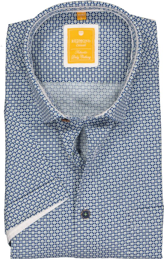 Redmond modern fit overhemd - korte mouw - poplin dessin - blauw met wit - Strijkvriendelijk - Boordmaat: 39/40