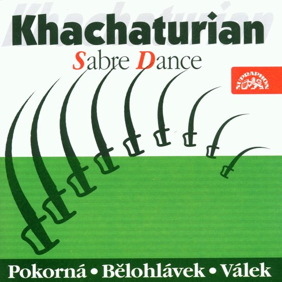 Khachaturian Sabre Dance albumhoes met een rij van sabels op een groene achtergrond.