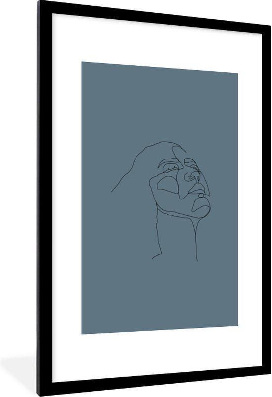 Photo dans le cadre - art illustration Line sur le dessus d'une femme sur le visage noir de cadre photo de fond gris avec monture 60x90 60x90 cm - affiche dans le cadre (Décoration murale salon / chambre à coucher)