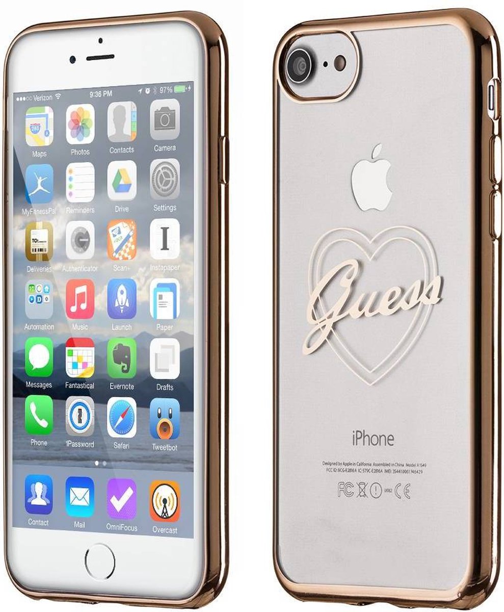 Waeyz - Screenprotector 9H 2.5 D Extra sterk Inclusief GUESS Transparant - Goud hoesje met Hart Logo geschikt voor iPhone 7-8 PLUS - Valentijnsdag Cadeau Tip Bescherm hoes met Hartjes SET geschikt voor iPhone 7 - 8 PLUS Let op Plus Versie
