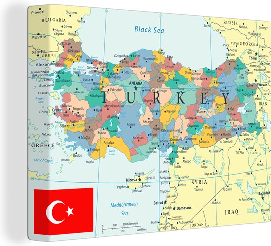 Canvas Schilderij Gekleurde kaart van Turkije met de vlag - 120x90 cm - Wanddecoratie