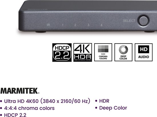 Marmitek Connect 620 UHD 2.0 HDMI Switch / HDMI schakelaar - 4K 60Hz - 4 in 1 uit