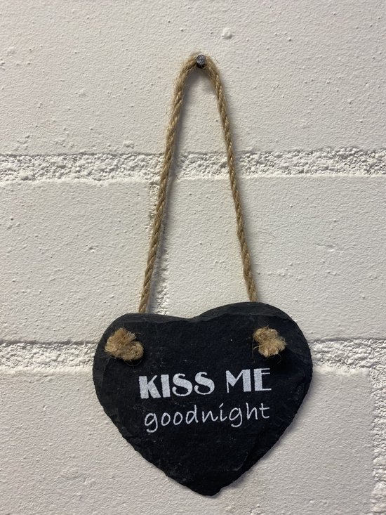 Deco leisteen met ophangkoordje - hart - Kiss me goodnight - 10x10 cm - Woonaccessoires