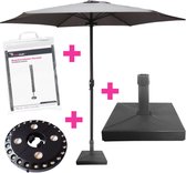 Parasol Ø 300CM + Parasolvoet 20KG Vierkant Betongevuld + LED Verlichting + Beschermhoes Parasol - Actievlag.nl