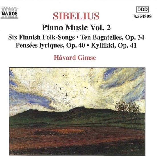 De hoes van Sibelius Piano Music Vol. 2 toont een schilderij met golvende heuvels en een boom aan de rechterkant.