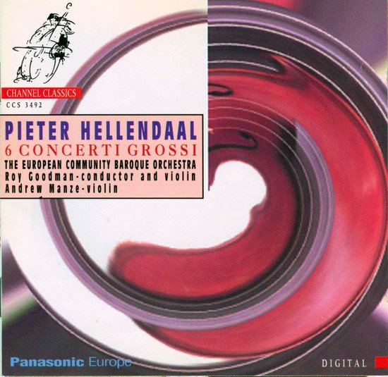 CDhoes van PIETER HELLENDAAL: 6 CONCERTI GROSSI. Met logo's van CHANNEL CLASSICS en Panasonic Europe. De tekst 'DIGITAL' is zichtbaar.
