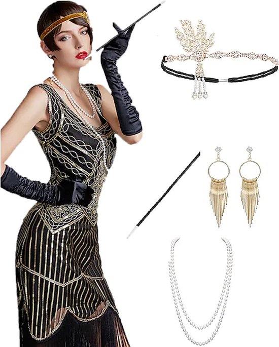 GANTS Noir Long et collier de perles 1920 1930 années Charleston Gatsby Femme 