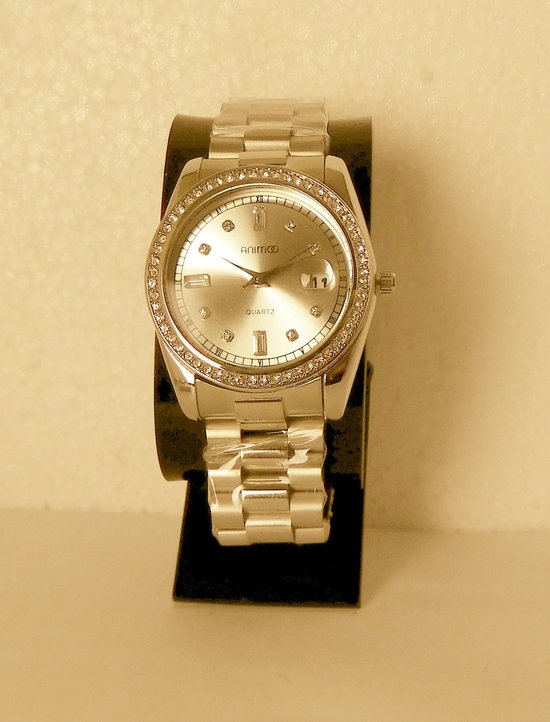 Animoo - Stijlvol horloge - goudkleurig - met datum - crystal glas - rand met zirconia's