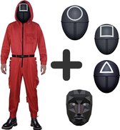 Squid Game Kostuum - Carnavalspak - Jumpsuit Rood + 4 soorten maskers - Maat L